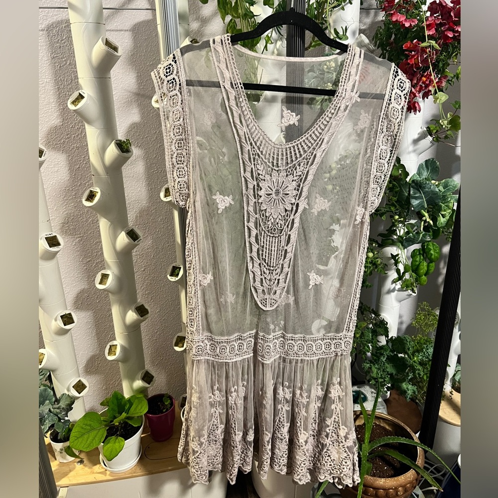 Vintage antique shop lace embroidered cream dress